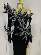 Shiny Diamond Velvet Sexy Side Slit Floor Length Dress With Gloves Women Chic Birthday Banquet Show Host Nightclub Stage Wear