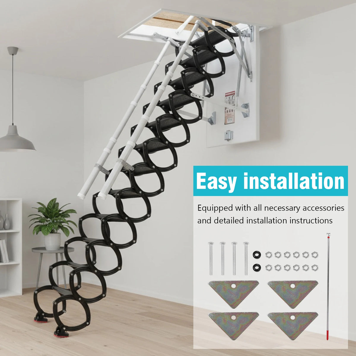 12 Steps Ceiling Mounted Attic Ladder Height Adjustable with Handrails 660LBS Steel Lift Staircase for Garages Roofs Basements ﻿