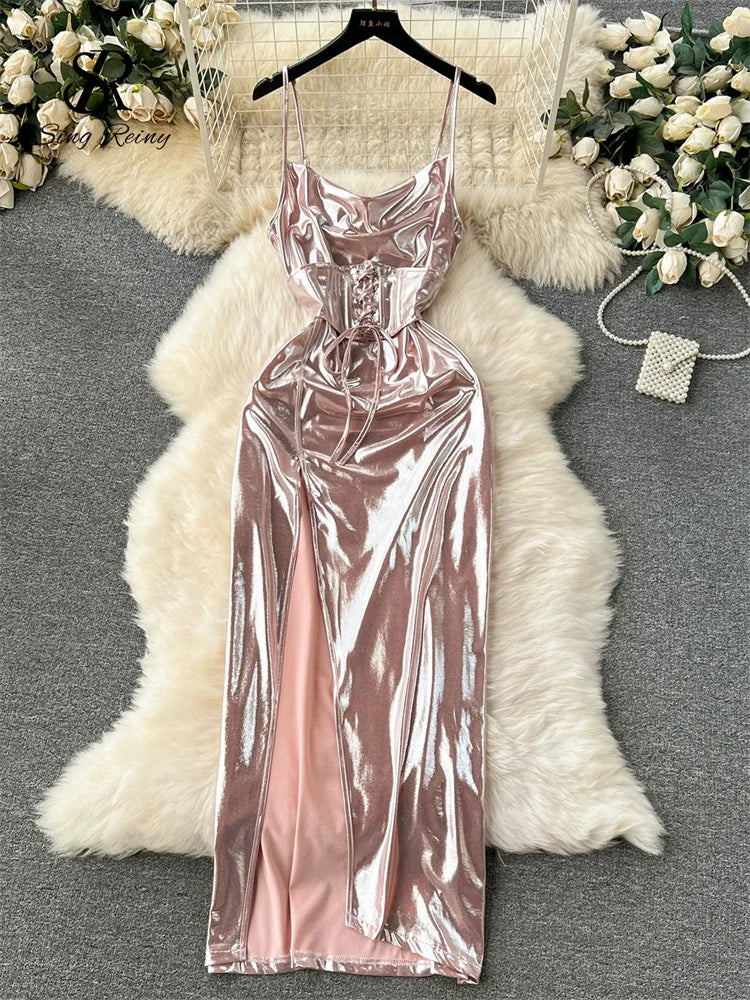 SINGREINY Spaghetti Strap Split Long Dress 2025 Ladies Fake Leather Lace Up Bodycon Sundress Y2K Hotsweet Shiny Slim Party Dress