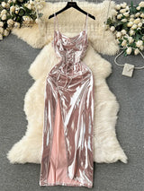 SINGREINY Spaghetti Strap Split Long Dress 2025 Ladies Fake Leather Lace Up Bodycon Sundress Y2K Hotsweet Shiny Slim Party Dress