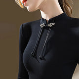 Women's Standing Collar Long Sleeved T-shirt with A Base, Chinese Style, Retro Button Top, New, Autumn and Winter
