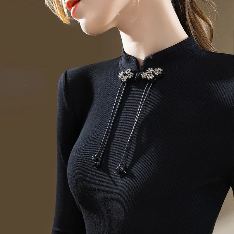 Women's Standing Collar Long Sleeved T-shirt with A Base, Chinese Style, Retro Button Top, New, Autumn and Winter