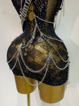 Fashion Chain Decoration Short Party Dress Luxury Women Sexy Hollow Out Nightclub Outfit Performance Singer Dancer Costume