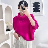 Miyake Pleated Scarf Collar Top 2026 New Simple Casual Batwing Sleeve Top T-Shirt Women's Plus Size Stretch Fashion Clothing