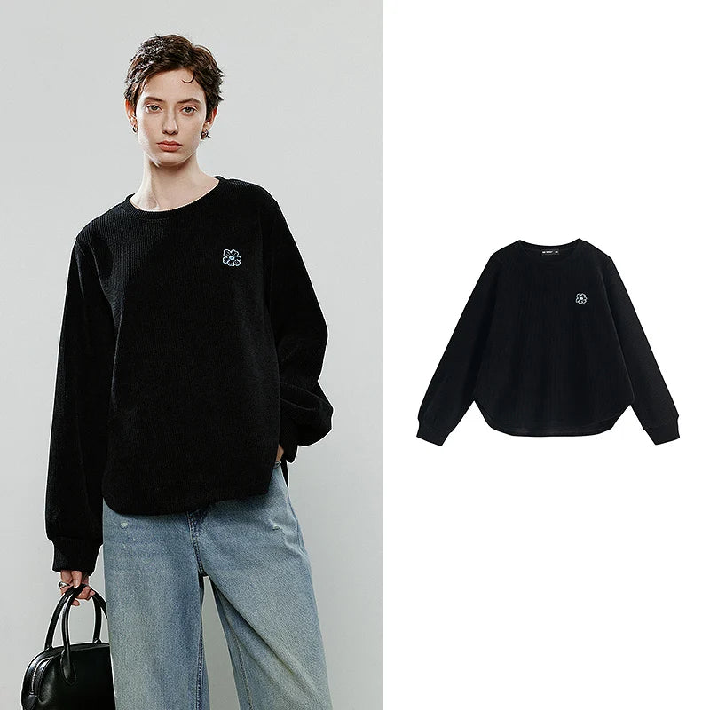 TOYOUTH Women Long-Sleeve T-Shirts 2025 Winter NewAsymmetric Loose Crew Neck Retro Curved Hem Minimalist Top
