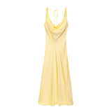 HH Women's Solid Vacation Style Satin Texture Backless V-neck Midi Dress Summer Female Elegant Sexy Lace-up Strap Dress