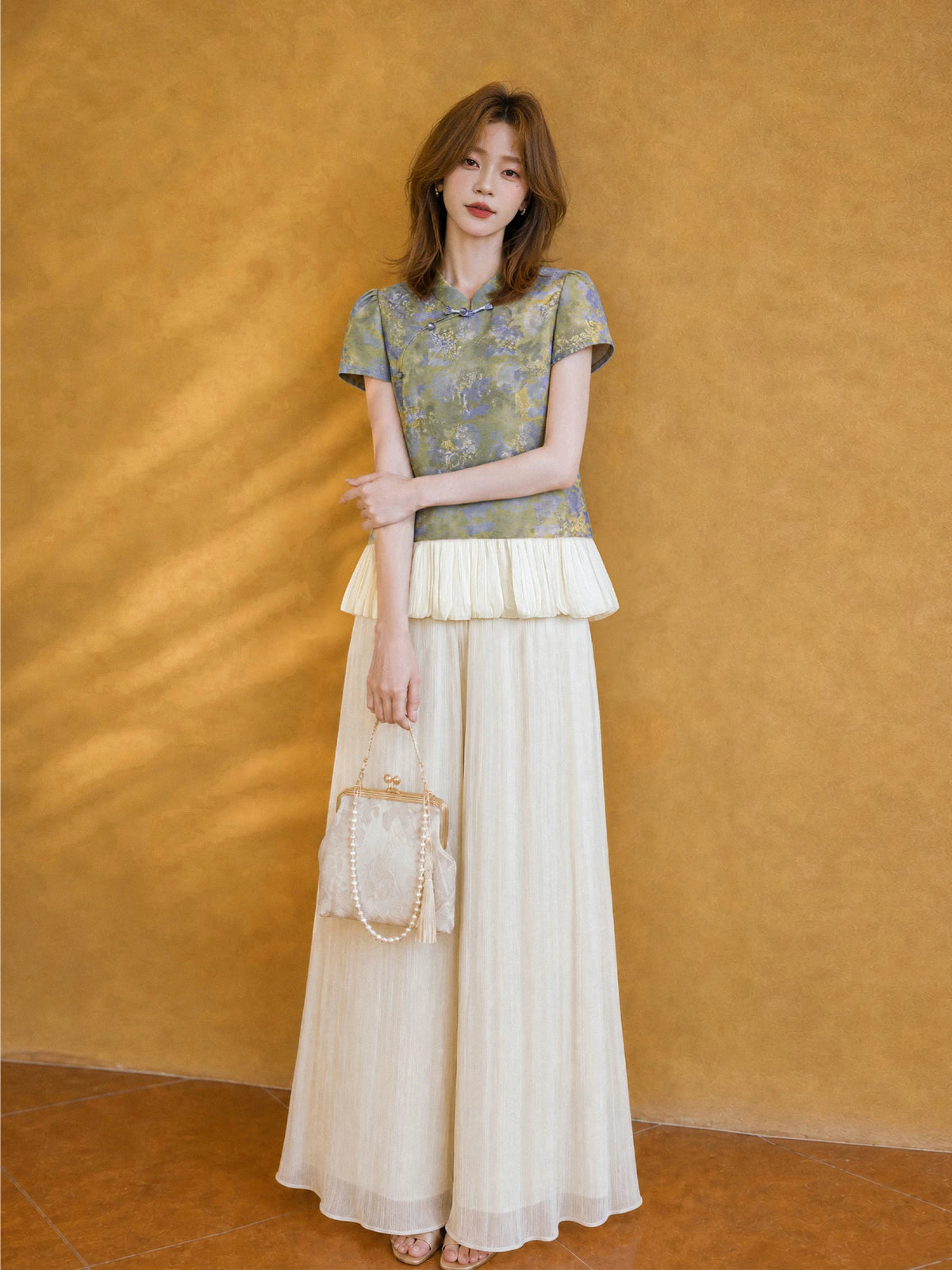 XIAOGULI Women New Chinese Style Chiffon Blouse Ruffled Hem Short Sleeve Shirt National Style Party Elegant Ladies Summer Tops