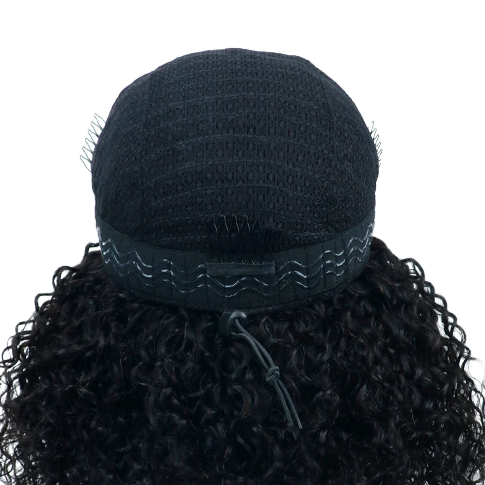 3 In 1 Human Hair Half Wig Drawstring Clip In Kinky Curly Headband Machine Wig Natural Color Seamless Natural Looking For Women