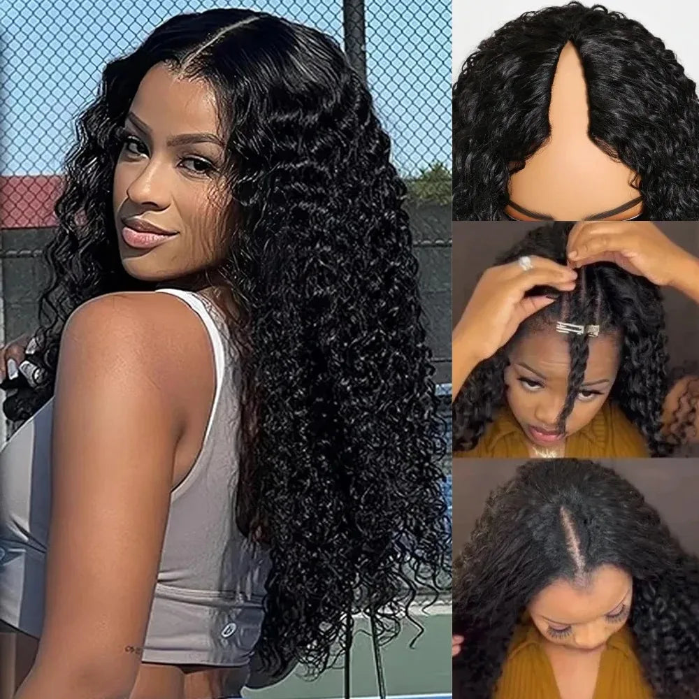 Deep Wave V Part Human Hair Wigs Black Wavy Upgrade U Part Human Hair Wig Brazilian Remy V Part Water Wave Wigs Full Machine Made Wig