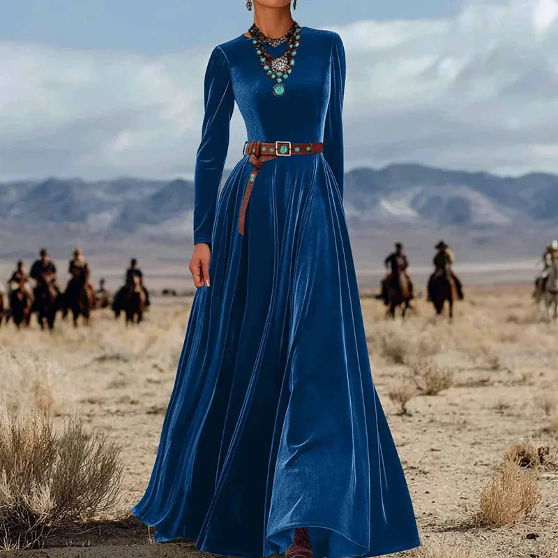O Neck Solid Patchwork Chic Maxi Dress, Spring Autumn Women Casual Long Sleeve Party Dress, 2025 New Holiday Simple Ladies Dress