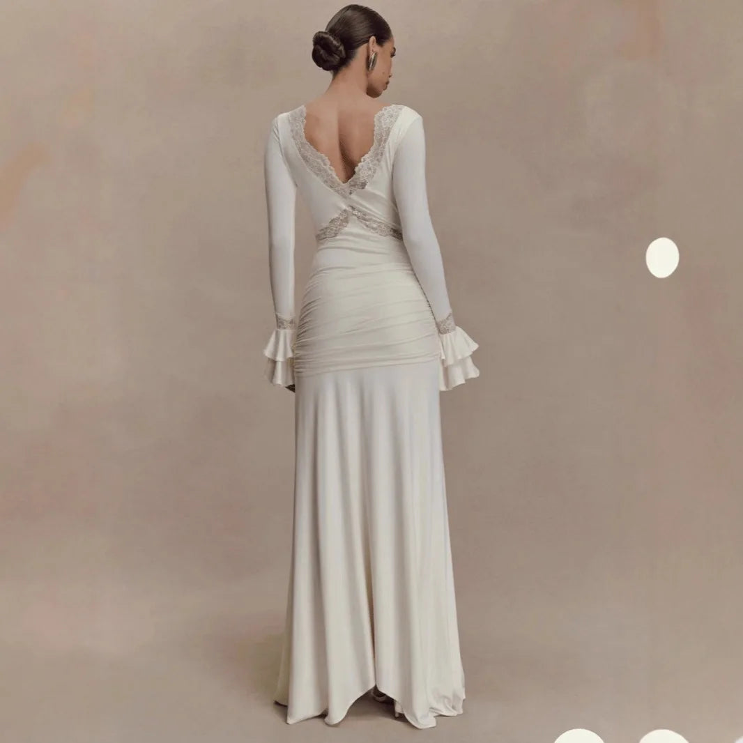 2025 Autumn Long Sleeve Sexy Maxi Dress For Women Fashion Lace Patchwork V Neck Backless Draped Ruched Club Party Long Dress