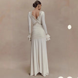 2025 Autumn Long Sleeve Sexy Maxi Dress For Women Fashion Lace Patchwork V Neck Backless Draped Ruched Club Party Long Dress