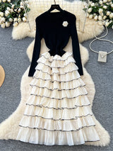 SINGREINY Autumn 3D Floral Spliced Long Dress 2025 Female O Neck Long Sleeves High Quality Slim Luxury Knitted Party Cake Dress