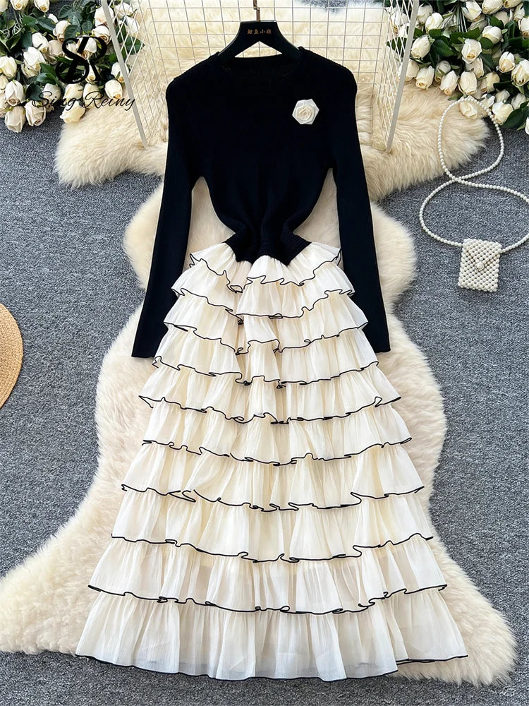 SINGREINY Autumn 3D Floral Spliced Long Dress 2025 Female O Neck Long Sleeves High Quality Slim Luxury Knitted Party Cake Dress