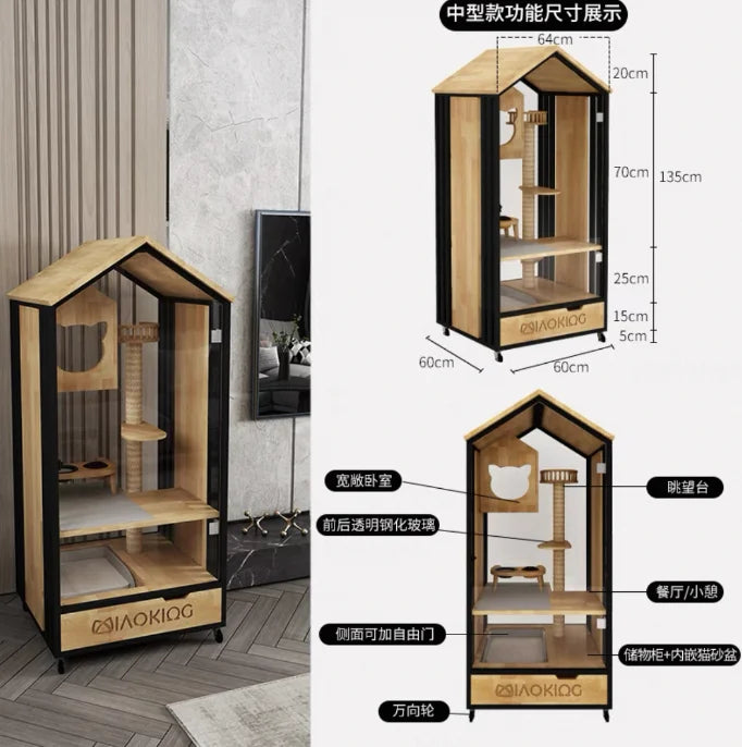 Meow Emperor Solid Wood Cat Cage Villa Small Household Cat House Front and Rear Transparent Glass Cat House Pet Shop Customizabl