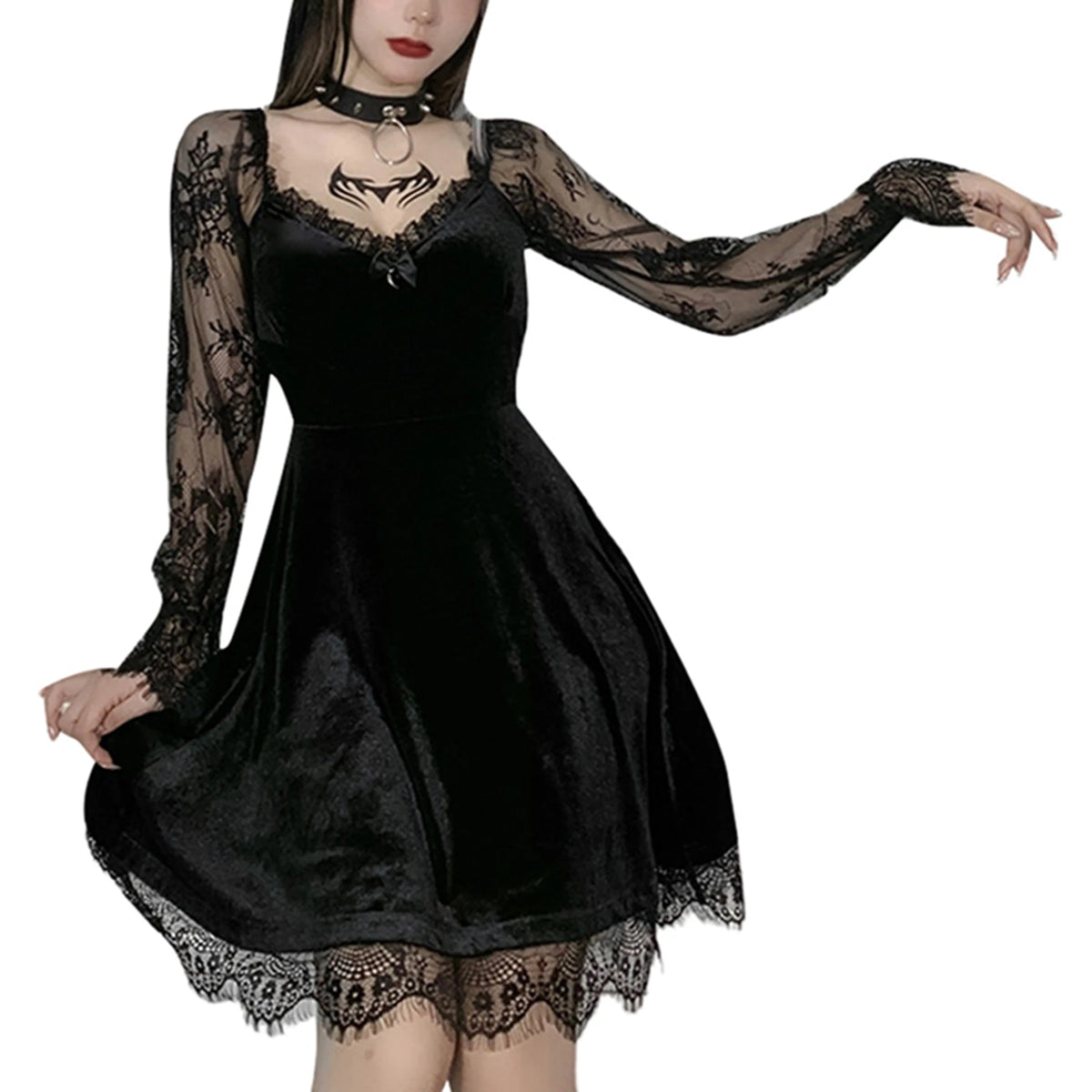 2024 New Fashion Women's Bandeau Long-sleeved Solid Color Dark Gothic Sexy Lace Stitched Dress