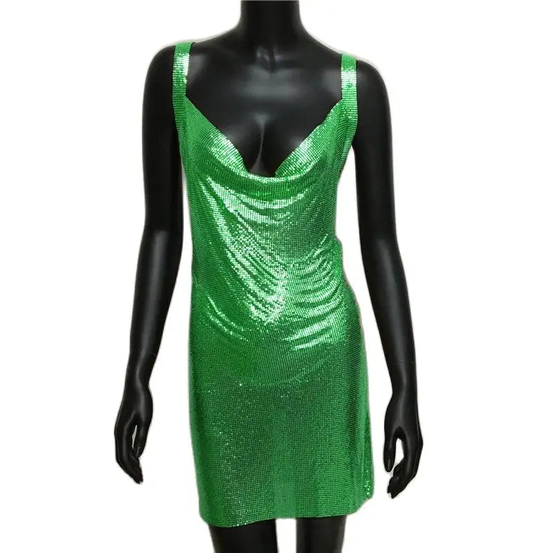 Sexy Metallic Sequin Mini Dress For Women Backless Cocktail Club Glitter Low Cut Halter Dress Rave Party Nightclub Dresses