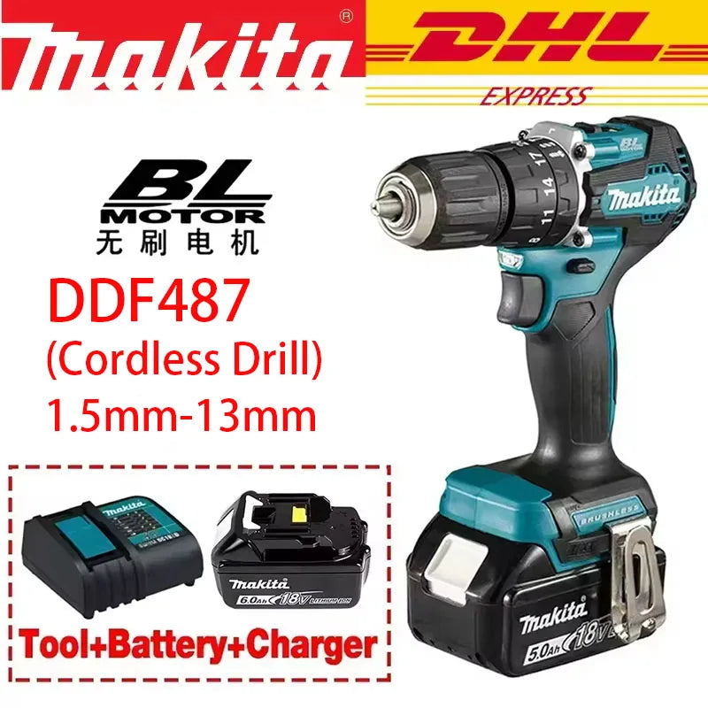 Makita Original DDF487 Cordless Driver Drill Brushless Electric Impact Screwdriver Rechargeable Power Tool 18V