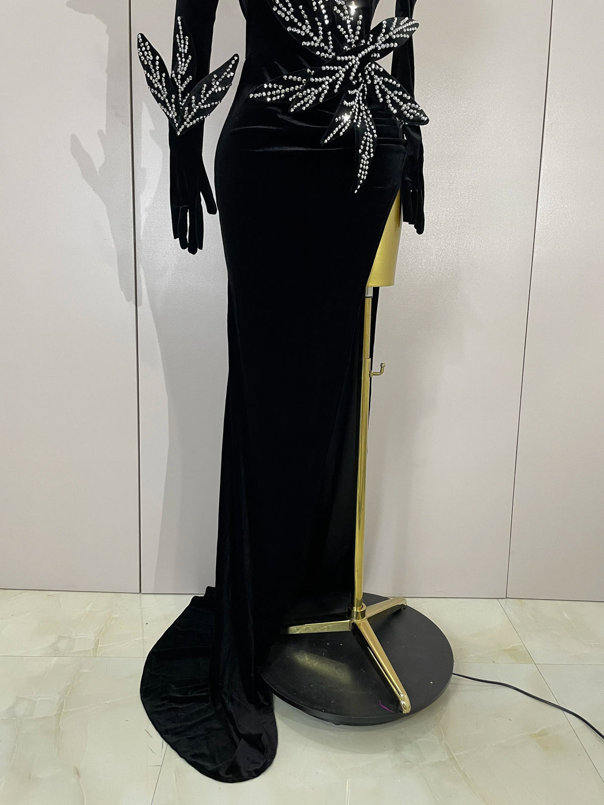 Shiny Diamond Velvet Sexy Side Slit Floor Length Dress With Gloves Women Chic Birthday Banquet Show Host Nightclub Stage Wear