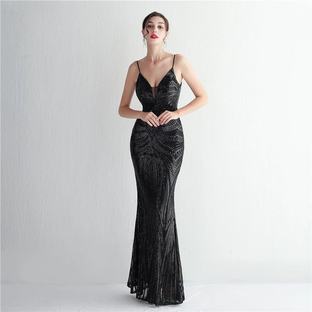 HBLL Women Strap Party Maxi Dress Sexy V Neck Evening Dress Celebrity Purple Sequin Dress Long Prom Formal Occasion Dress