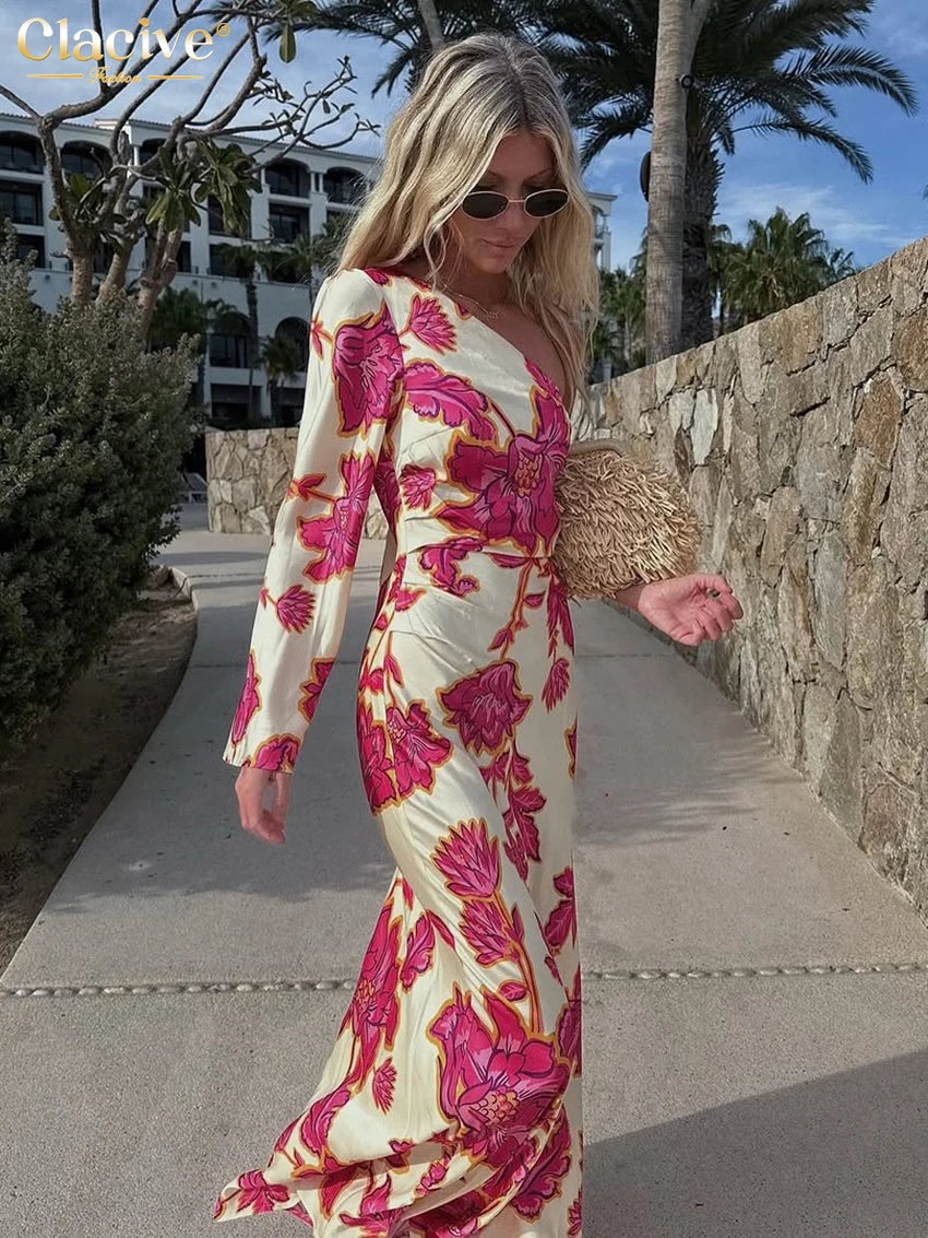 Clacive Fashion Slim Print Women's Dress 2025 Sexy Diagonal Collar Long Sleeve Maxi Dresses Elegant Classic Female Party Dress
