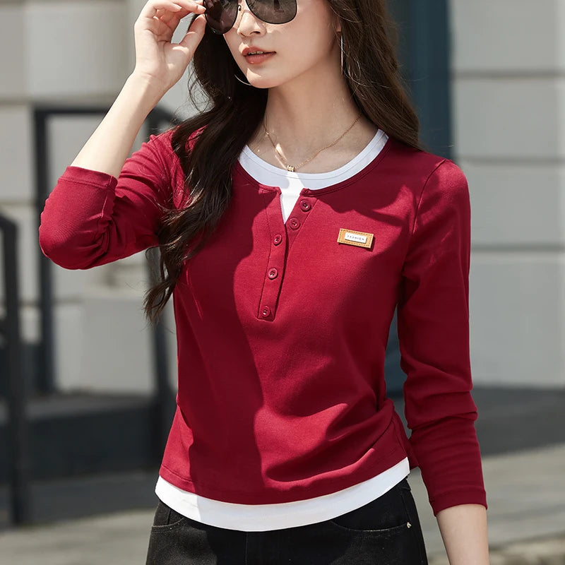 Deep Blue Long Sleeved T-Shirt for Women's Autumn New High-End Cotton Fashion Plus Size V-Neck Fake Two Piece Casual Top