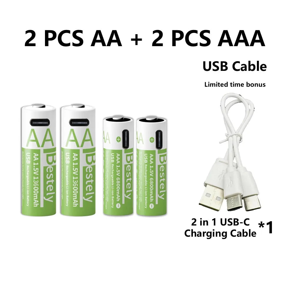 1.5V AA/AAA Li-ion Batteries 13600+6800mAh Ultra-Fast Charge 2000+ Cycles W/ Free USB-C Cable for Toys, Remote Controls, Cameras