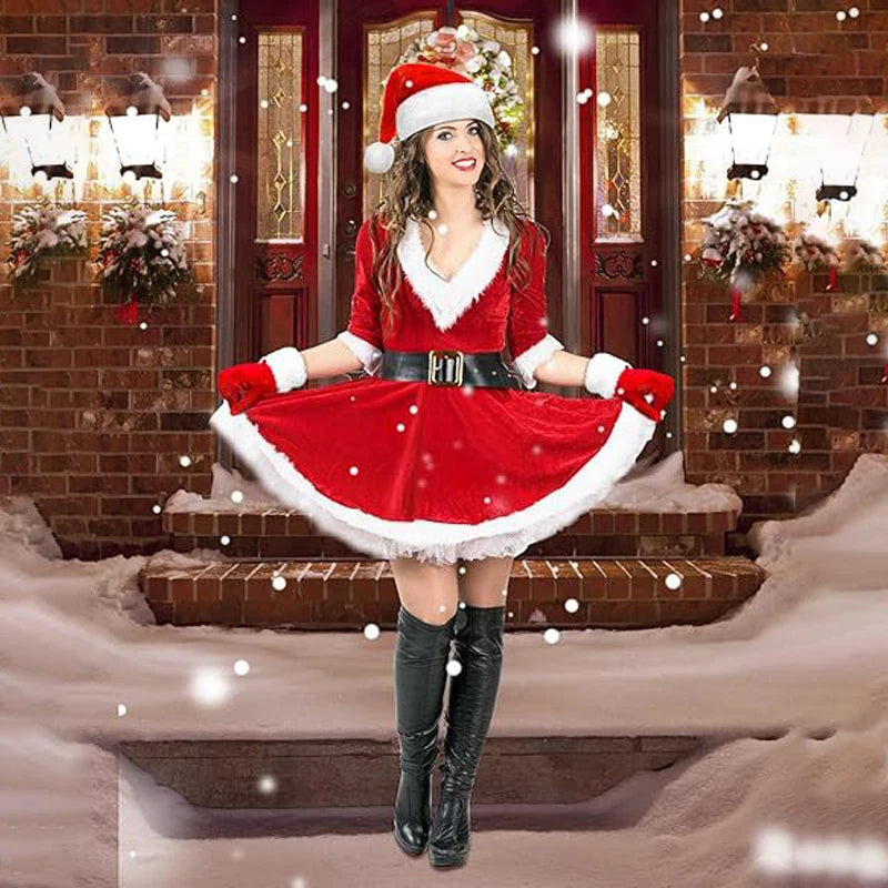 Women's Christmas Costume Set Santa Claus Outfit Velvet Dress With Striped Thigh-High Socks and Elf Hat