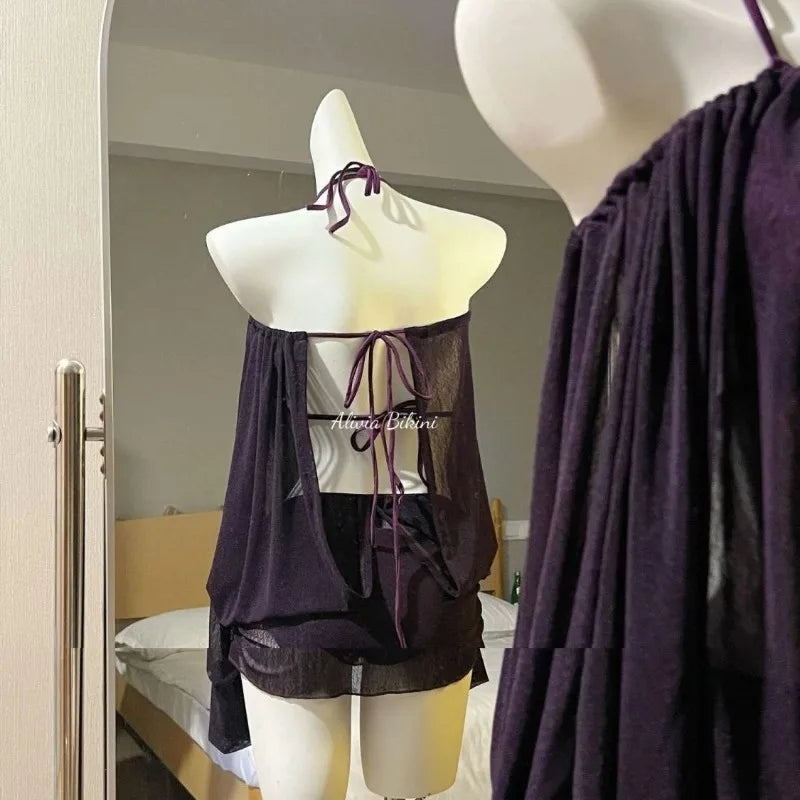Women's Purple Halter Bikini with Mesh Cover Up Three Piece Swimsuit for Beach Vacation
