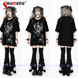 Original Dark Subculture Punk Style Off-Shoulder Short Sleeve Round Neck Printed Chain Bow Loose Casual T-Shirt Top Women Summer