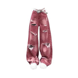 Women's Pink Y2k Ripped Cargo Jeans Harajuku Denim Trousers Aesthetic Y2k Jean Pants Vintage Japanese 2000s Style Trashy Clothes