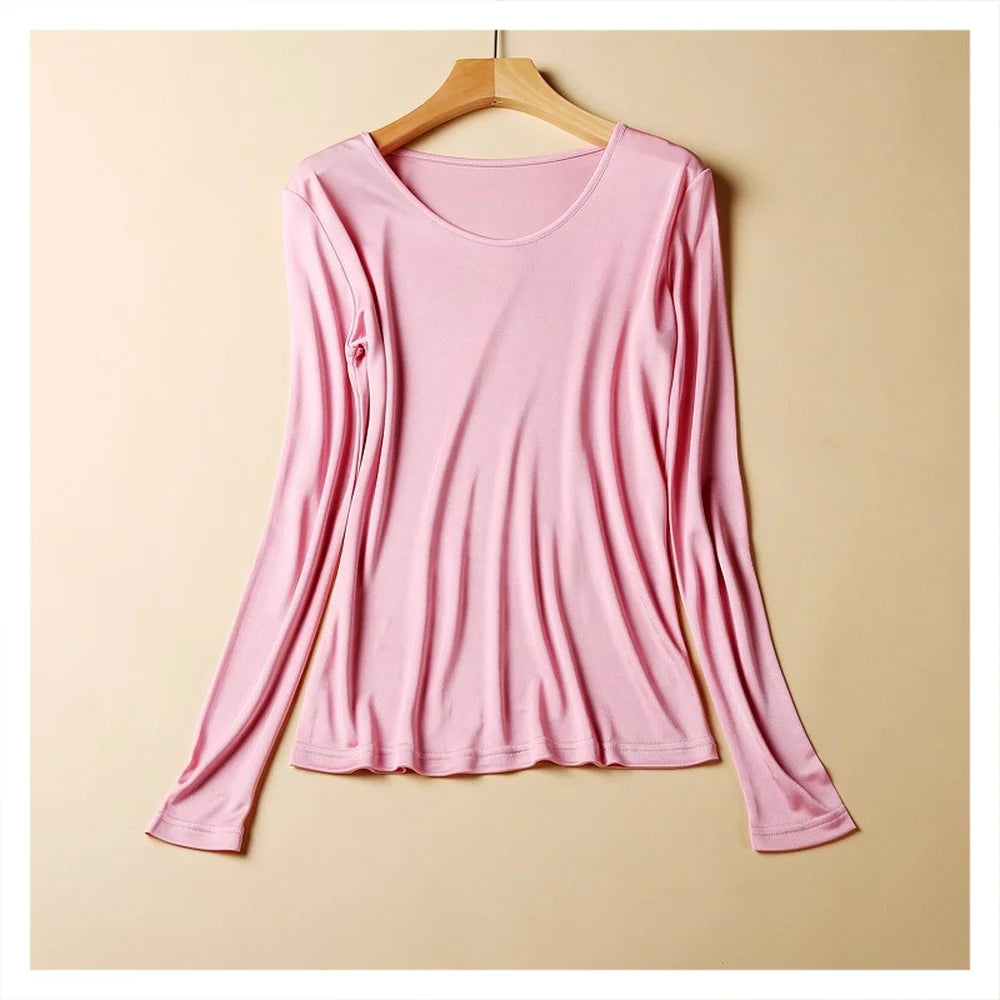 2025 Fashion New Mulberry Silk Long Sleeve Bottoming Shirt Women's Silk Knitted Solid Color Round Neck Bottoming Shirt