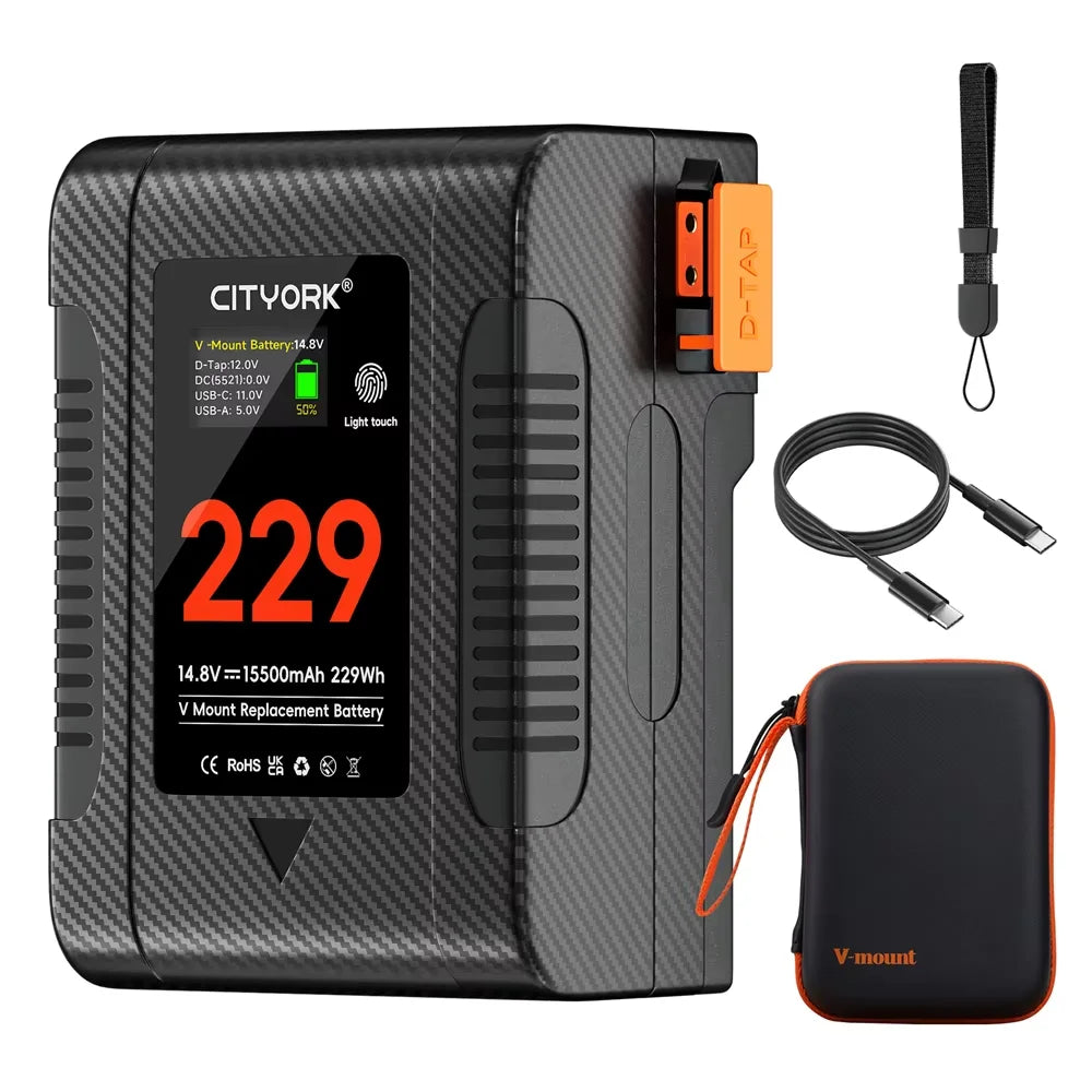 BP-229 V Mount Battery V Lock BP Portable Bateria with PD 65W Fast Charge Cable for Sony Camcorder Camera Video Light Blackmagic