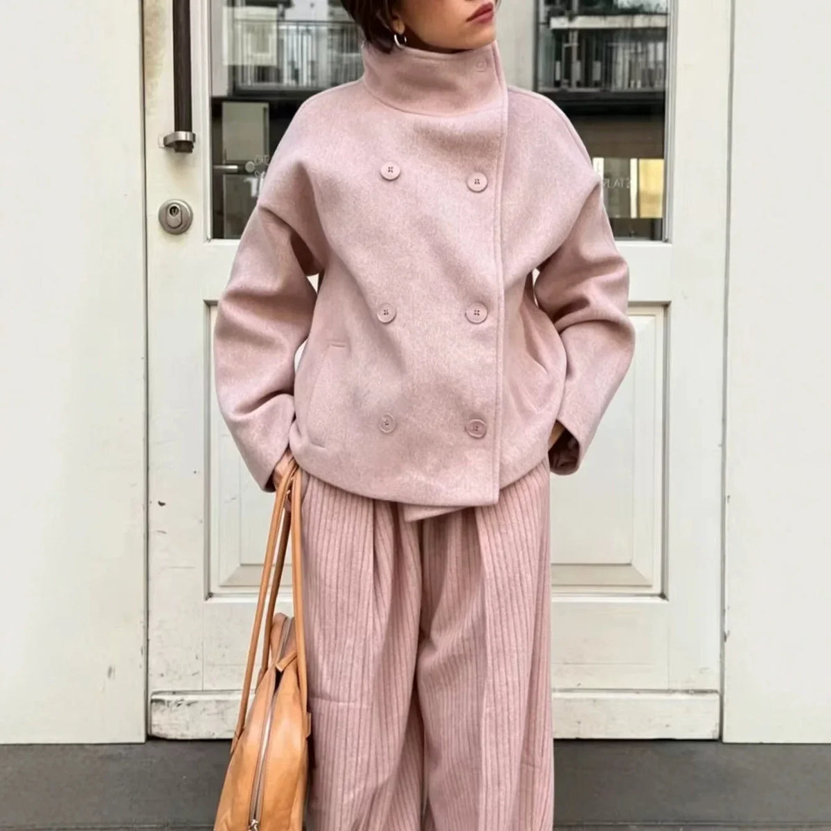 Women's Autumn and Winter New Jacket, Elegant Temperament, Stand Collar, Double-Breasted, Short Loose Wool Coat