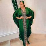 Fashion African Woman Large Size Bat Sleeve Dress Muslim Islamic Style Robe Imitation Silk Hot Fix Rhinestone