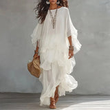 Vintage Solid Tiered Ruffle Mesh Dress Women Crew Neck Loose Batwing Sleeve Sheer Maxi Dress Elegant Holiday Travel Casual Dress