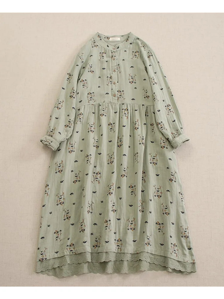 Lamtrip-Double Layers Skin-Loving Stand Collar Flowers Print Long Sleeve, Single Breasted, Loose Robe, Mori, Summer, Unique