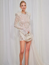VC Opulent White Sequins Lace Long Sleeves Mini Dress with Structured Padded Shoulders & Dramatic Train Women Female Clothing
