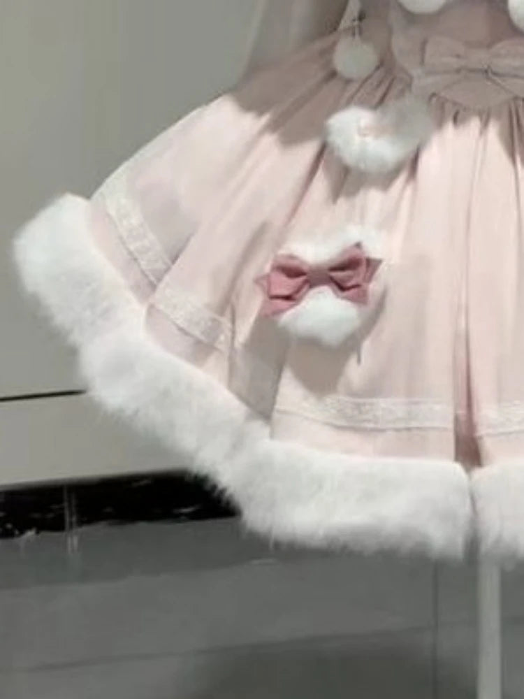 Japanese Lolita Two Pieces Set Women Sweet Patchwork Furry Slip Dress + Sweet Cute Rabbit's Ears Hooded Cape Coat JK Bow Suit