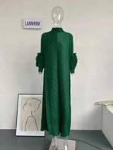 LANMREM Maxi Pleated Dress Round Neck Spliced Fungus Full Sleeve Dresses For Women 2025 New Spring Clothing 2Qa1331