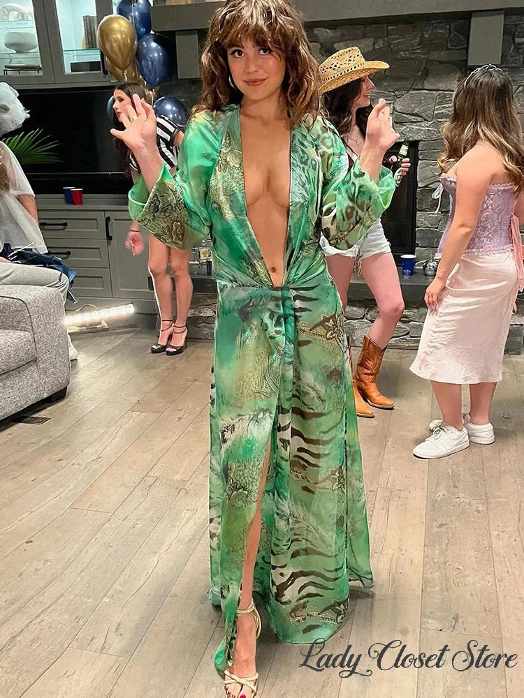 Woman Tiger Stripe Print Deep V-neck Dress Sexy Backless Long Sleeve Dresses 2026 Summer Vacation Beach Party Elegant Vestidos