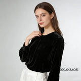 2026 Women's Fashion Spring New Clothing 30% Natural Mulberry Silk Velvet Round Neck Long Sleeve Solid Color Versatile T-shirt