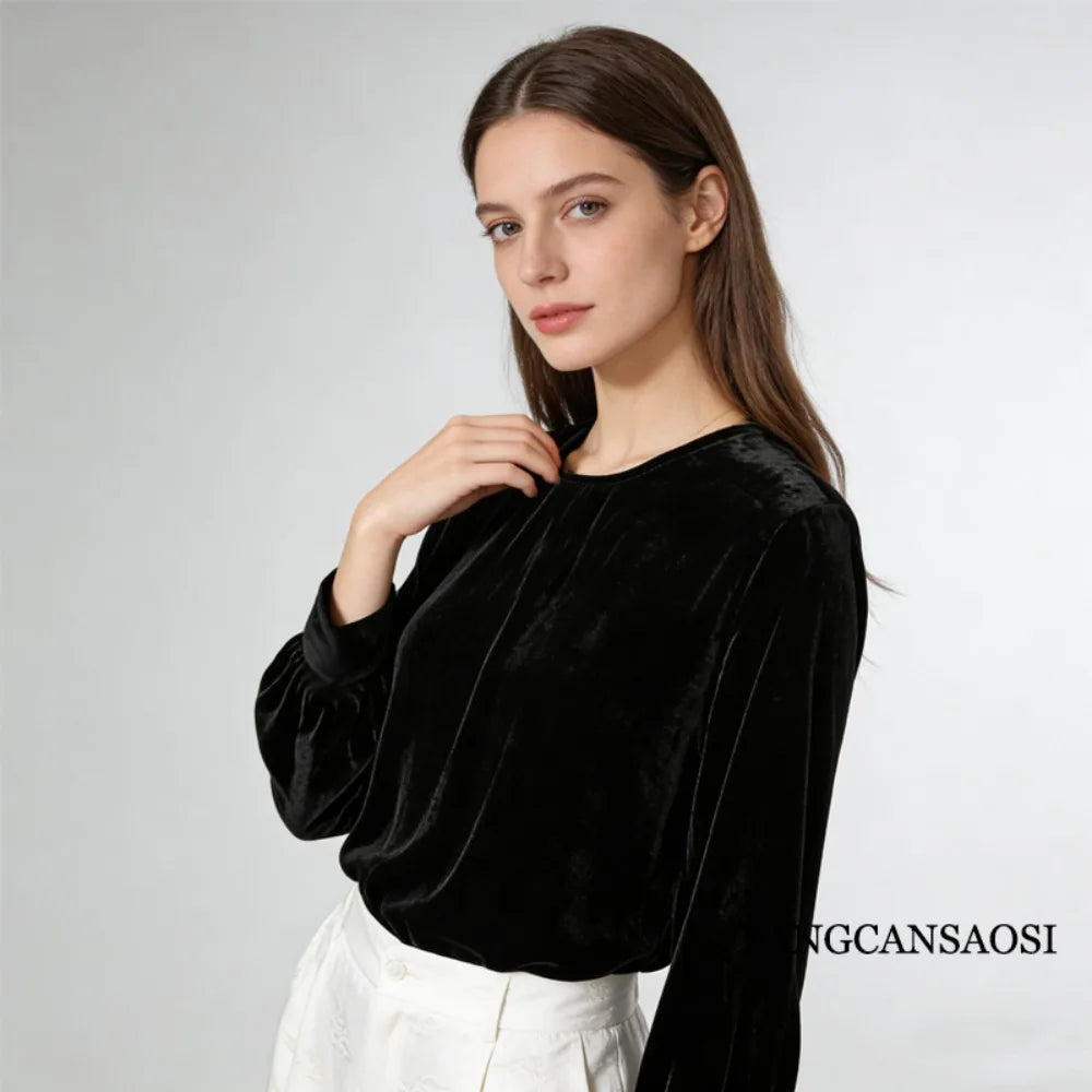 2026 Women's Fashion Spring New Clothing 30% Natural Mulberry Silk Velvet Round Neck Long Sleeve Solid Color Versatile T-shirt