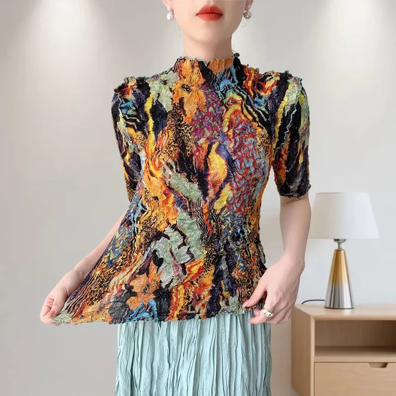 Printed Summer Pleated Top Comfortable Casual Split Loose T-Shirt Round Neck Short Sleeve Stretchy Tight Office Women's