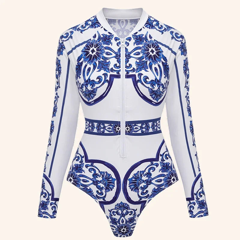 Women New Surfing Sport Swimsuit Long Sleeves One Piece Swimsuit Swimwear Solid Monokini Bathing Suit Tropical Bodysuit Female