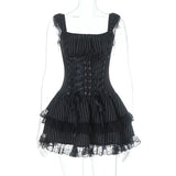 Goth Dark Lolita Outfits Cyber Y2K Striped Bandage Mini Dresses Sweet Lace Stitch Hem Cake Dress Mall Gothic Straps Party Gown