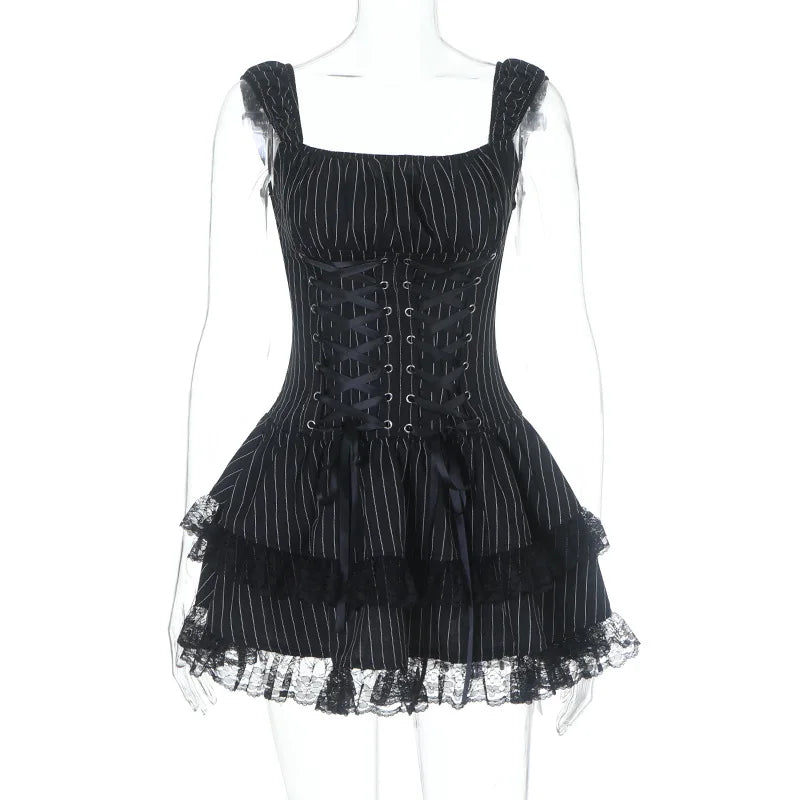 Goth Dark Lolita Outfits Cyber Y2K Striped Bandage Mini Dresses Sweet Lace Stitch Hem Cake Dress Mall Gothic Straps Party Gown