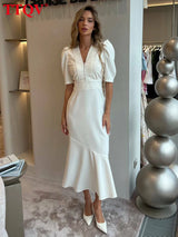 TTQV Summer Slim White Women's Dress 2025 Fashion V-Neck Short Sleeve Midi Dresses Elegant Classic High Waist Female Dress