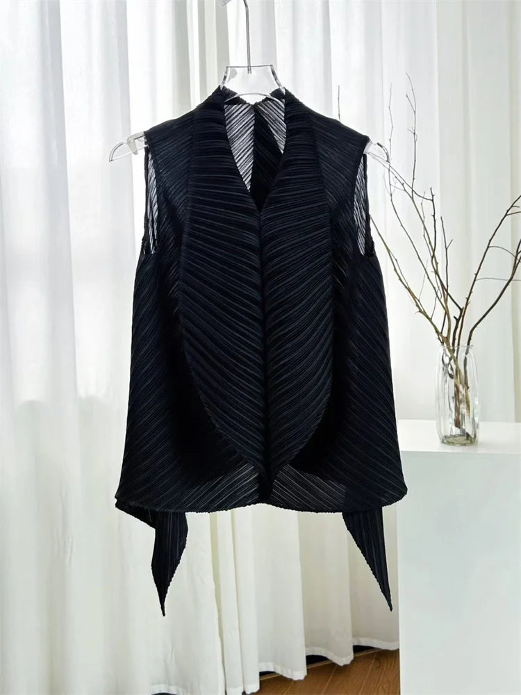 Miyake Pleated High-neck Sleeveless Women Leaf Fold Top