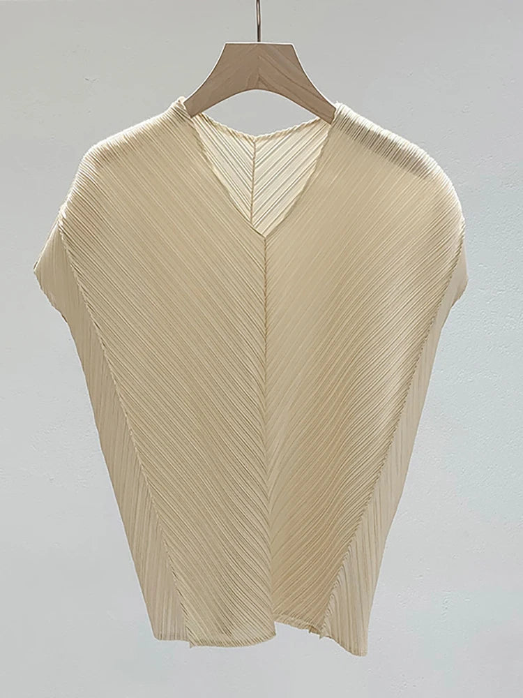 Miyake Pleated Drop Sleeves V-neck T-shirt Women's Korean Fashion Casual Tops Designer Aesthetic Clothing